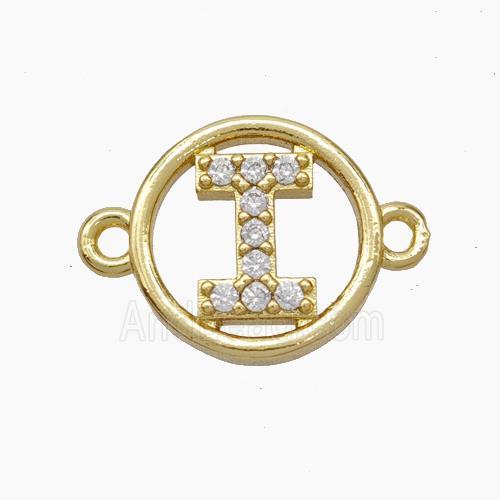 Copper Letter-I Connector Pave Zirconia Circle Gold Plated