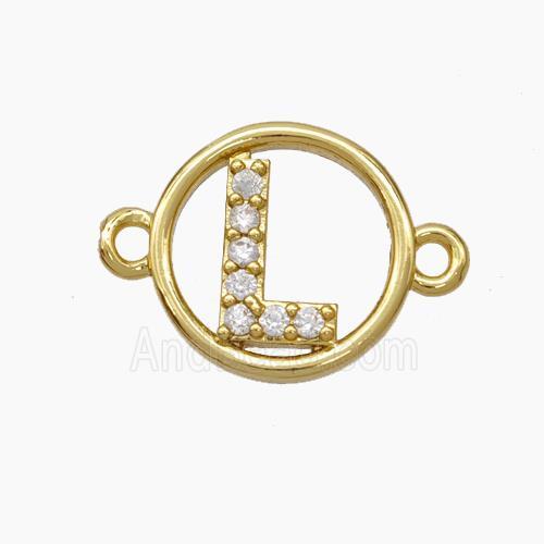Copper Letter-L Connector Pave Zirconia Circle Gold Plated