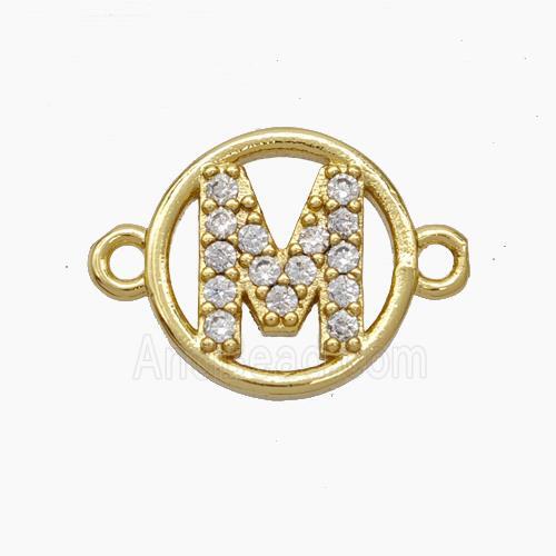Copper Letter-M Connector Pave Zirconia Circle Gold Plated