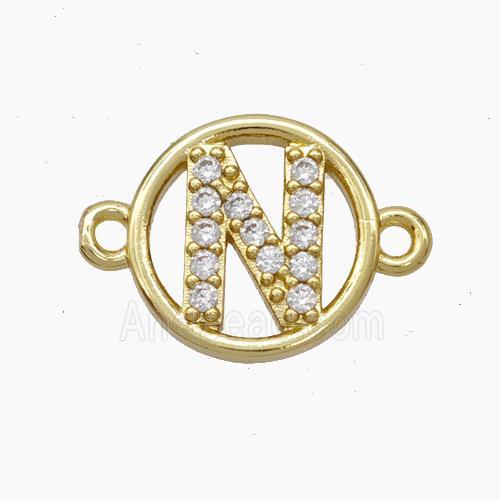 Copper Letter-N Connector Pave Zirconia Circle Gold Plated