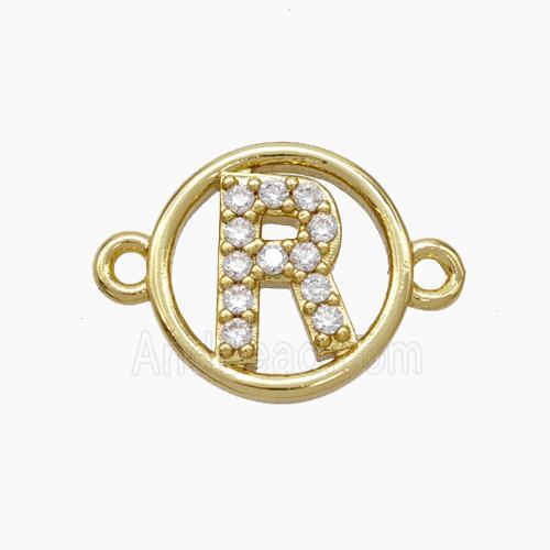 Copper Letter-R Connector Pave Zirconia Circle Gold Plated