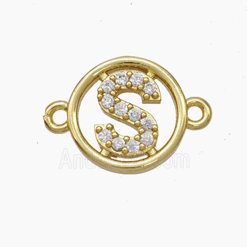 Copper Letter-S Connector Pave Zirconia Circle Gold Plated