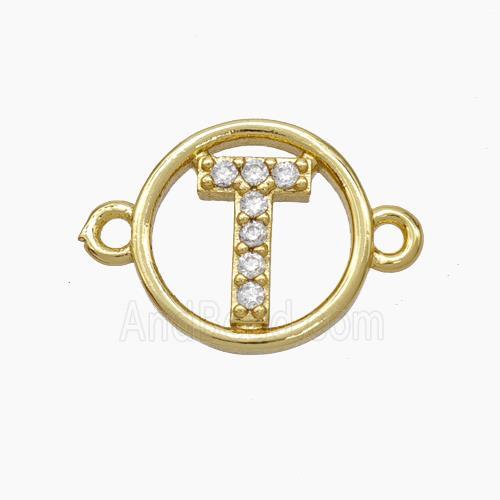 Copper Letter-T Connector Pave Zirconia Circle Gold Plated