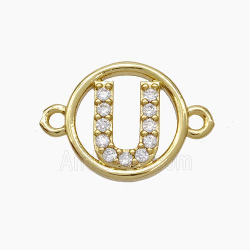 Copper Letter-U Connector Pave Zirconia Circle Gold Plated