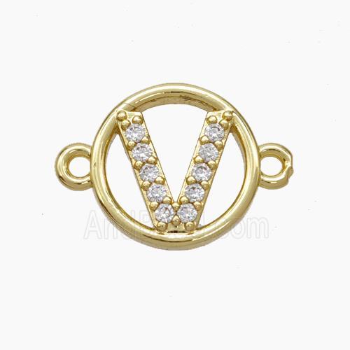 Copper Letter-V Connector Pave Zirconia Circle Gold Plated
