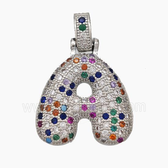 Copper Letter-A Pendant Micropave Multicolor Zirconia Platinum Plated