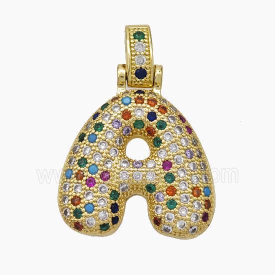 Copper Letter-A Pendant Micropave Multicolor Zirconia Gold Plated