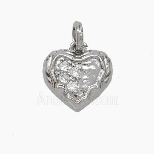Copper Heart Pendant Micropave Zirconia Hammered Platinum Plated
