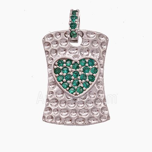 Copper Heart Pendant Pave Zirconia Rectangle Hammered Platinum Plated