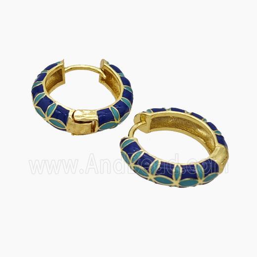Copper Hoop Earrings Blue Enamel Gold Plated