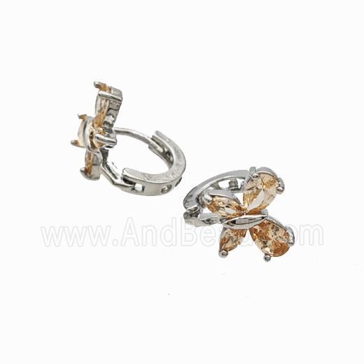 Copper Butterfly Hoop Earrings Pave Champagne Zirconia Platinum Plated