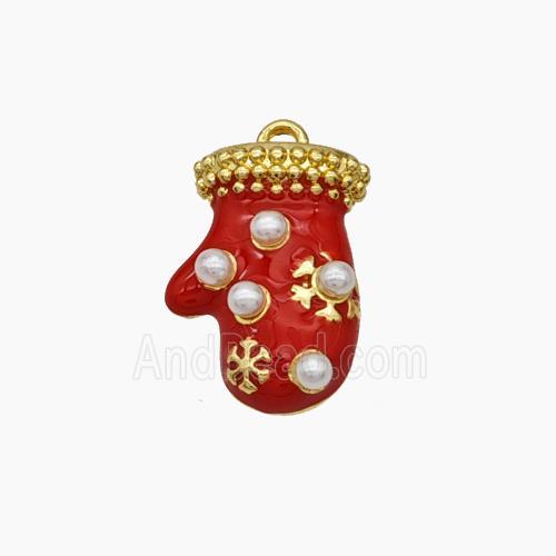 Christmas Mitten Charms Copper Pendant Pave Pearlized Resin Red Enamel Gold Plated