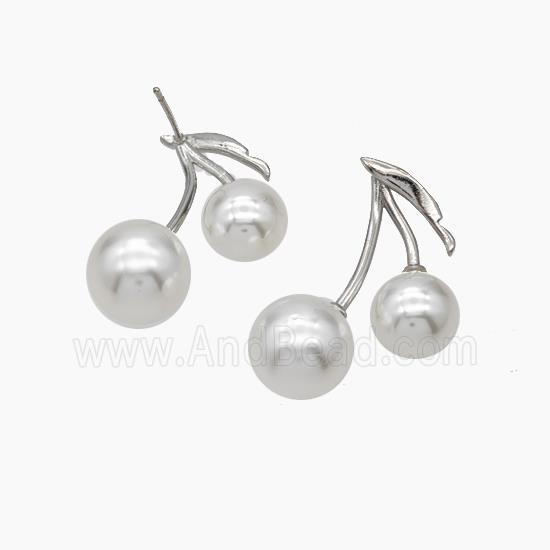 Copper Cherry Charms Stud Earrings Micropave Pearlized Resin Platinum Plated