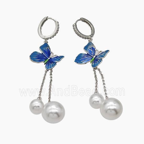 Copper Hoop Earrings Pave Pearlized Resin Blue Painted Butterfly Platinum Plated