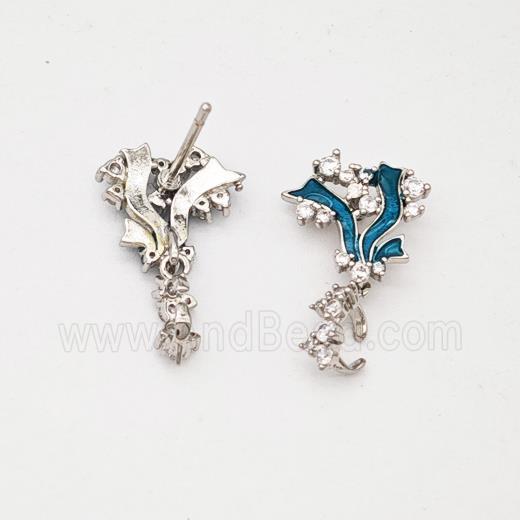 Copper Flower Stud Earrings Pave Zirconia Platinum Plated