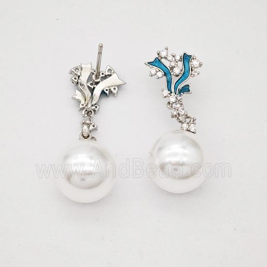 Copper Flower Stud Earrings Pave Zirconia Pearlized Resin Platinum Plated