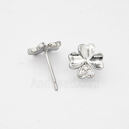 Copper Clover Stud Earrings Micropave Zirconia Platinum Plated