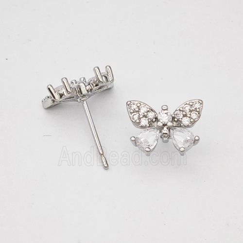 Copper Butterfly Stud Earrings Micropave Zirconia Platinum Plated