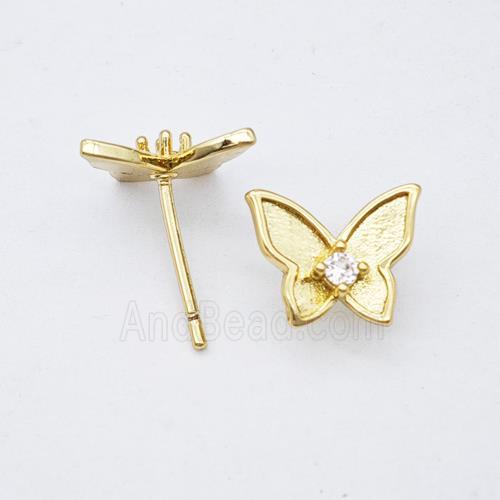 Copper Butterfly Stud Earrings Micropave Zirconia Gold Plated