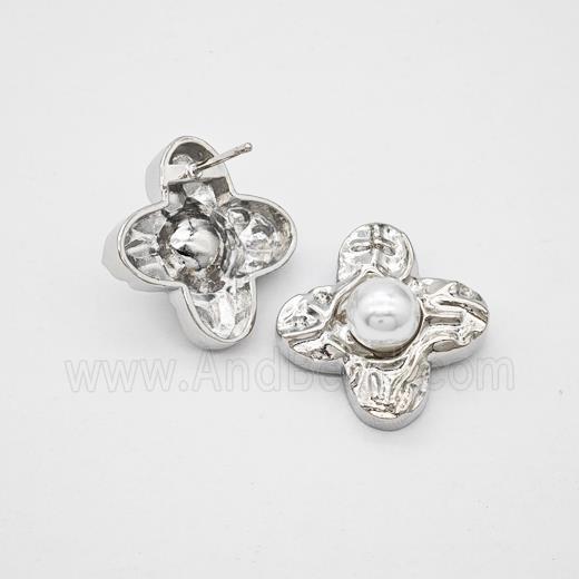 Copper Clover Stud Earrings Pave Pearlized Resin Hammered Platinum Plated