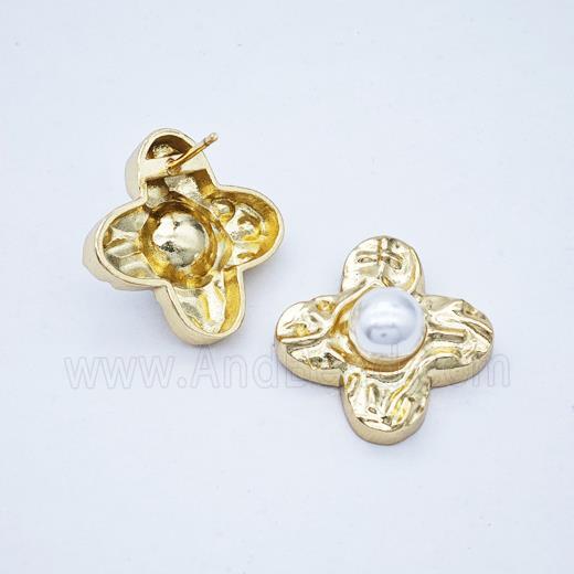 Copper Clover Stud Earrings Pave Pearlized Resin Hammered Gold Plated