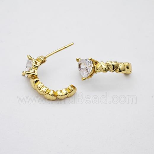 Copper Stud Earrings Pave Zirconia Heart Gold Plated