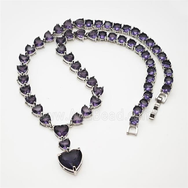 Copper Necklace Pave Purple Crystal Glass Heart Platinum Plated