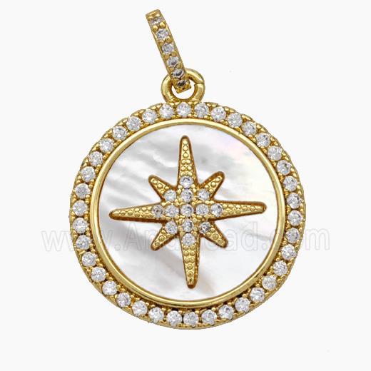 Copper Northstar Pendant Micropave Zirconia Shell Circle 18K Gold Plated