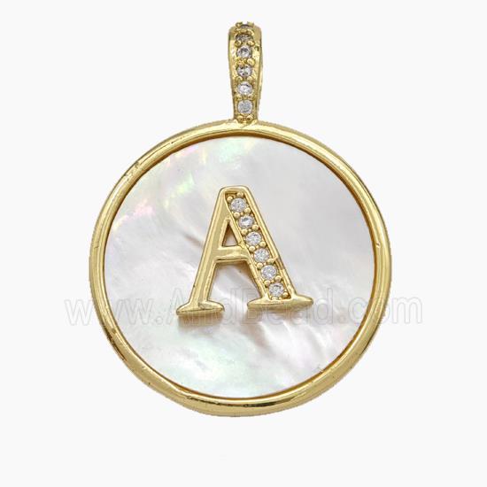 Copper Letter-A Pendant Pave Shell Zirconia Circle Gold Plated