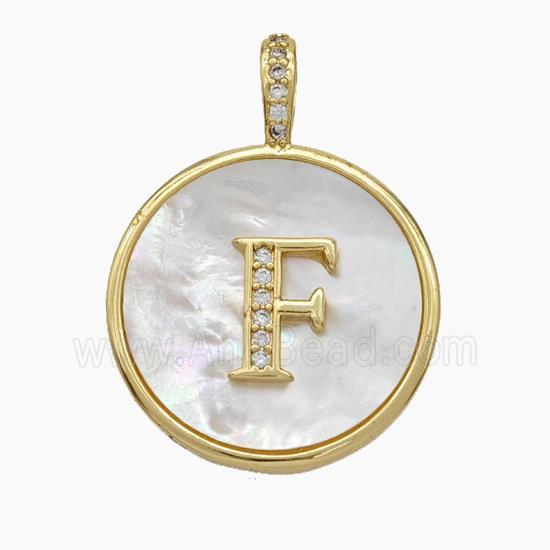 Copper Letter-F Pendant Pave Shell Zirconia Circle Gold Plated