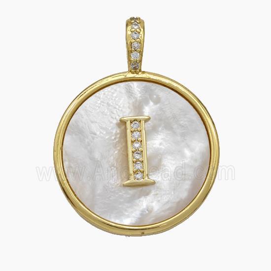 Copper Letter-I Pendant Pave Shell Zirconia Circle Gold Plated