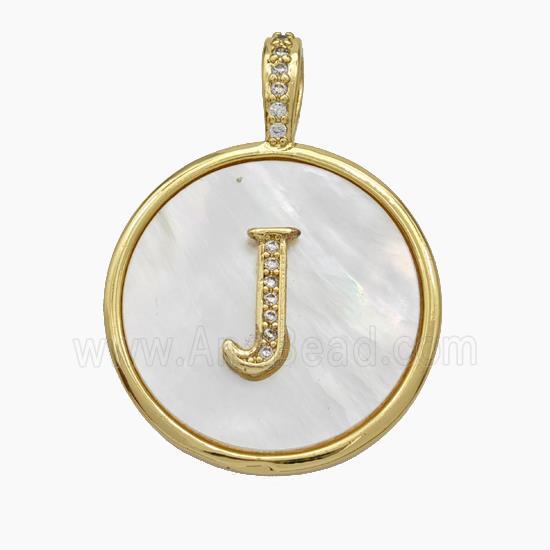 Copper Letter-J Pendant Pave Shell Zirconia Circle Gold Plated
