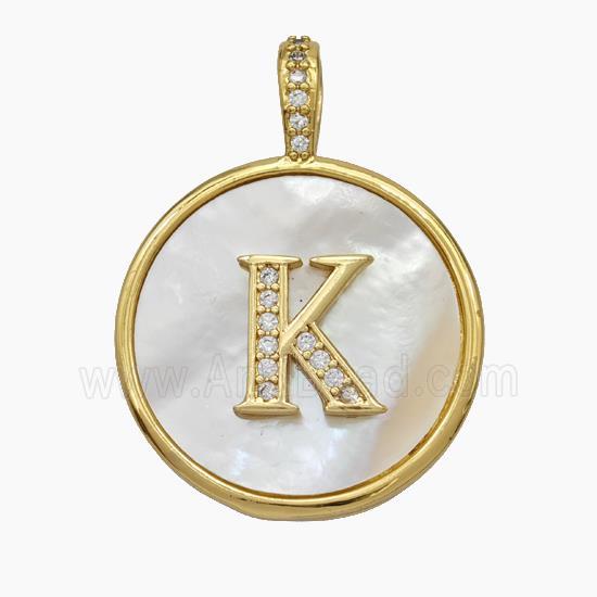 Copper Letter-K Pendant Pave Shell Zirconia Circle Gold Plated