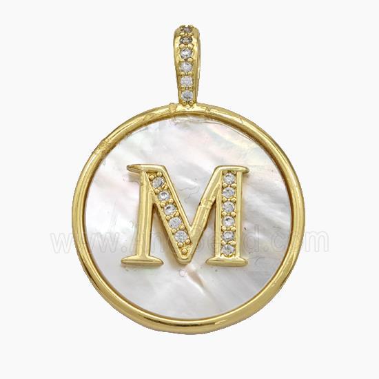 Copper Letter-M Pendant Pave Shell Zirconia Circle Gold Plated