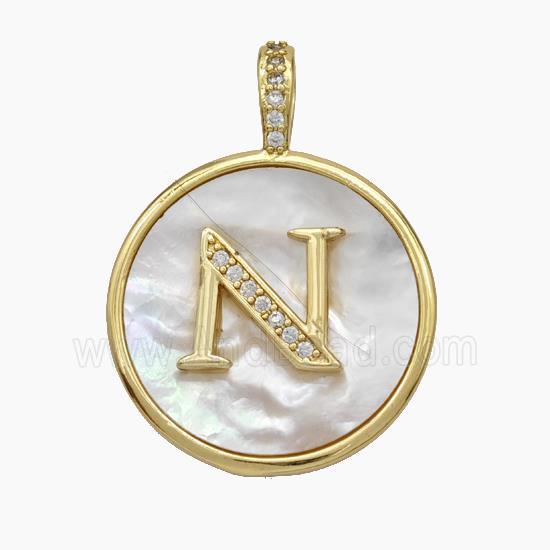 Copper Letter-N Pendant Pave Shell Zirconia Circle Gold Plated