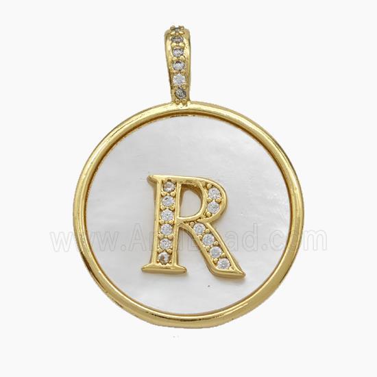 Copper Letter-R Pendant Pave Shell Zirconia Circle Gold Plated