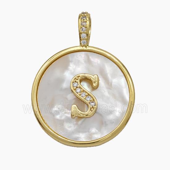 Copper Letter-S Pendant Pave Shell Zirconia Circle Gold Plated