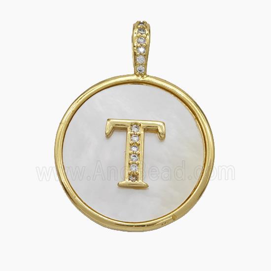 Copper Letter-T Pendant Pave Shell Zirconia Circle Gold Plated