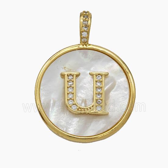 Copper Letter-U Pendant Pave Shell Zirconia Circle Gold Plated