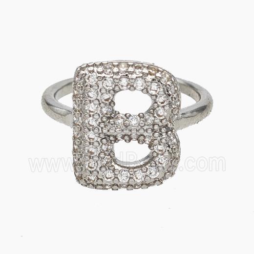 Copper Letter-B Rings Micropave Zirconia Platinum Plated