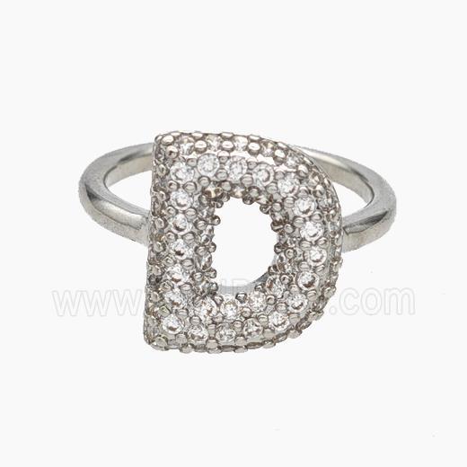 Copper Letter-D Rings Micropave Zirconia Platinum Plated