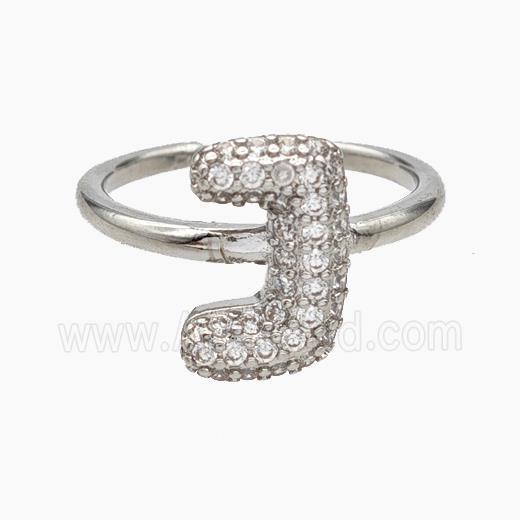 Copper Letter-J Rings Micropave Zirconia Platinum Plated
