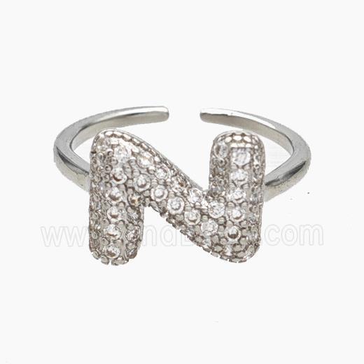 Copper Letter-N Rings Micropave Zirconia Platinum Plated