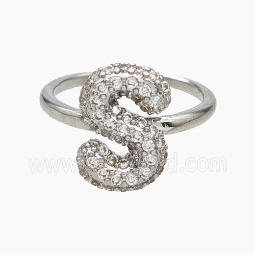 Copper Letter-S Rings Micropave Zirconia Platinum Plated