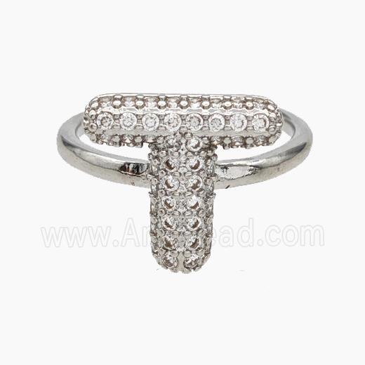 Copper Letter-T Rings Micropave Zirconia Platinum Plated