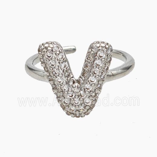 Copper Letter-V Rings Micropave Zirconia Platinum Plated