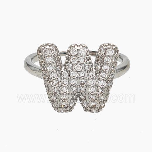 Copper Letter-W Rings Micropave Zirconia Platinum Plated