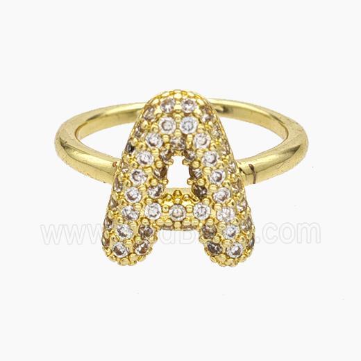 Copper Letter-A Rings Micropave Zirconia Gold Plated