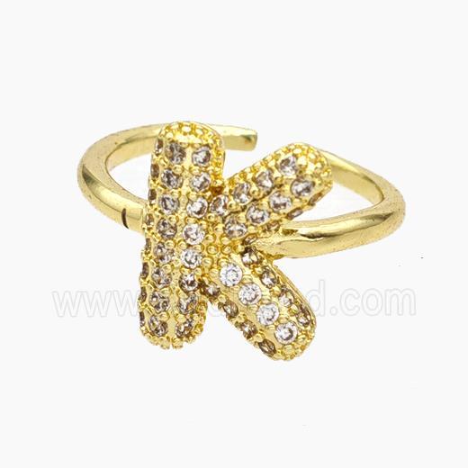 Copper Letter-K Rings Micropave Zirconia Gold Plated