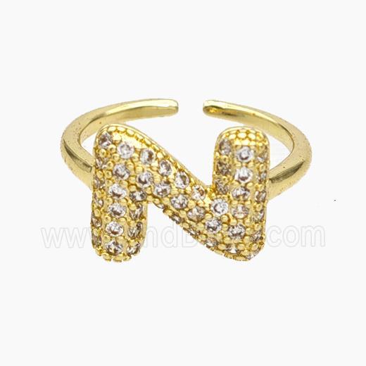 Copper Letter-N Rings Micropave Zirconia Gold Plated